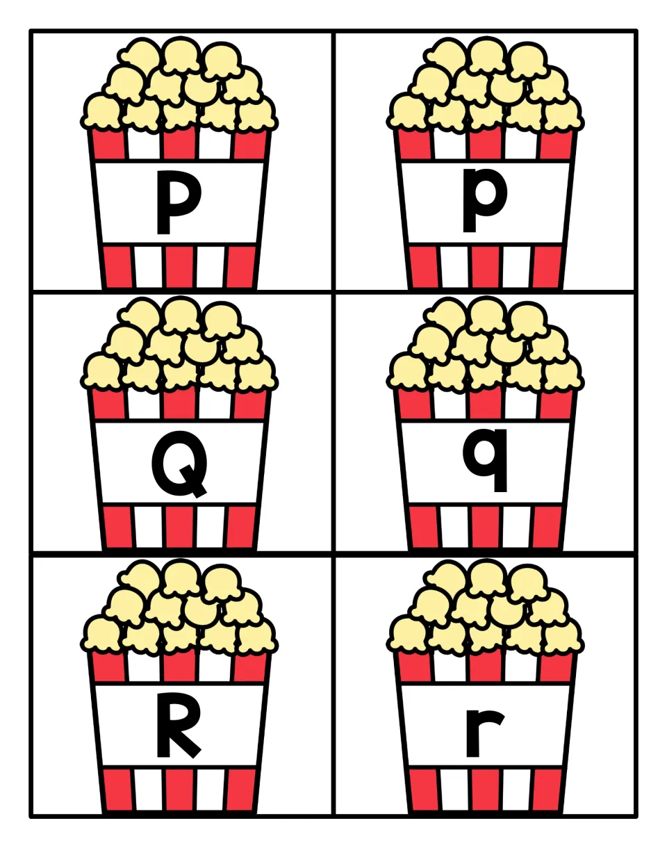 Letters P to R: cards with capital P, Q, R and lowercase p, q, r on popcorn buckets for matching each letter pair