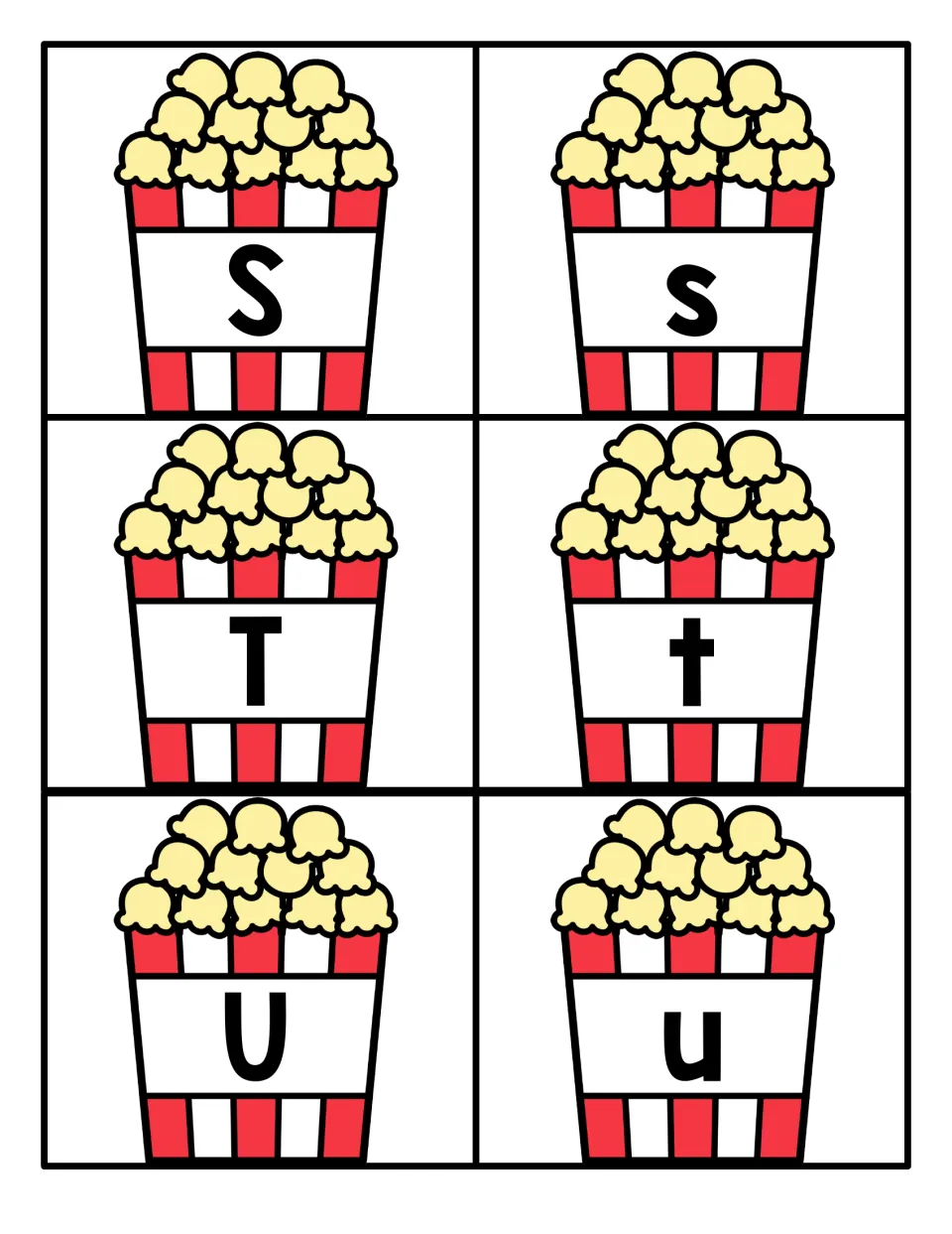 Letters S to U: striped popcorn-bucket cards showing S, T, U alongside s, t, u for naming and matching letter cases
