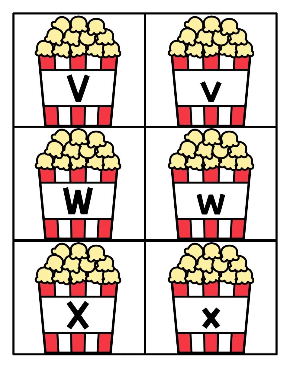 Letters V to X: six letter cards on popcorn buckets with uppercase V, W, X and lowercase v, w, x for case matching