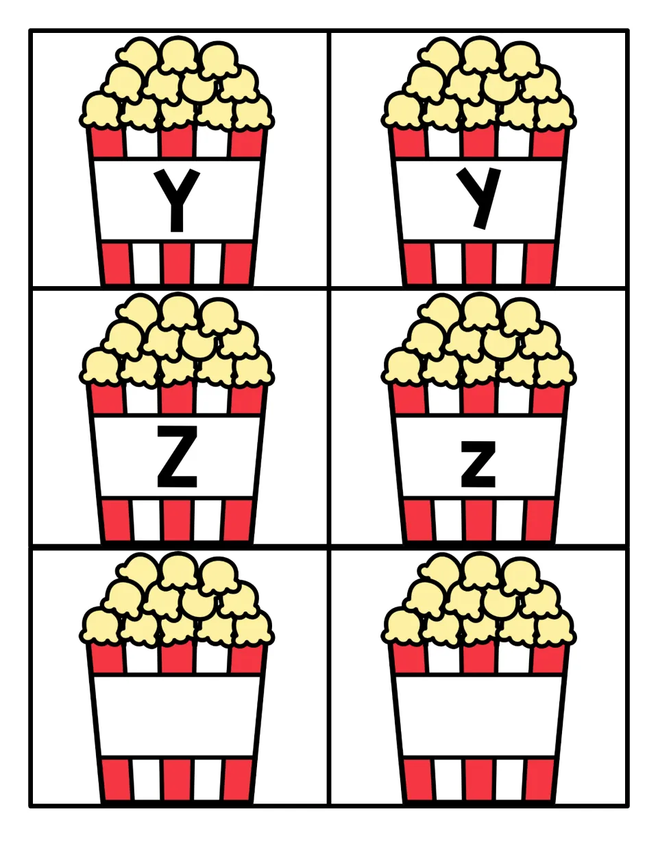 Letters Y and Z: cards with Y, y, Z and z on popcorn buckets plus two blank buckets with no letter, finishing the A-Z set
