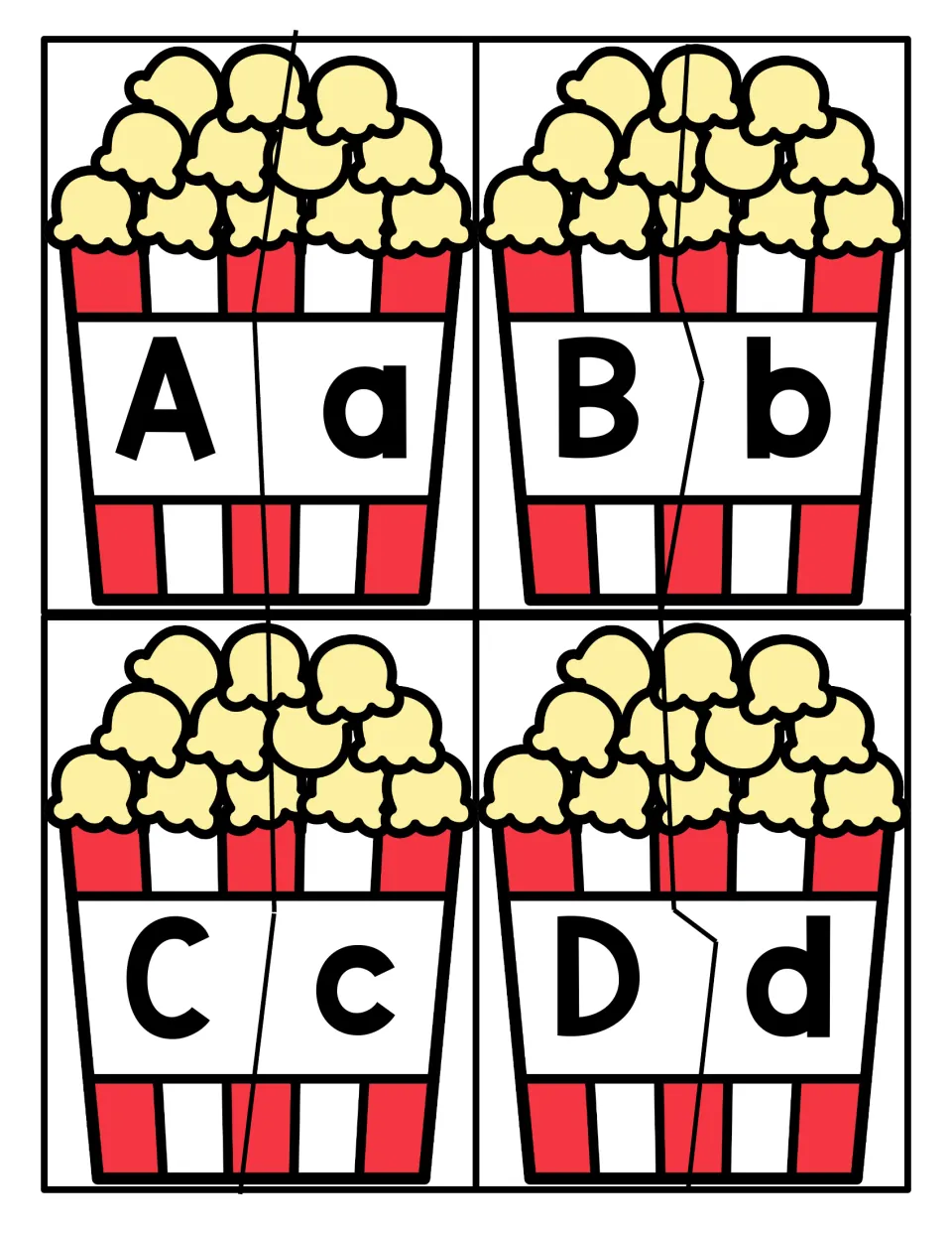 Letters A to D: popcorn bucket puzzles, each cut in two so students match uppercase A, B, C, D to lowercase a, b, c, d