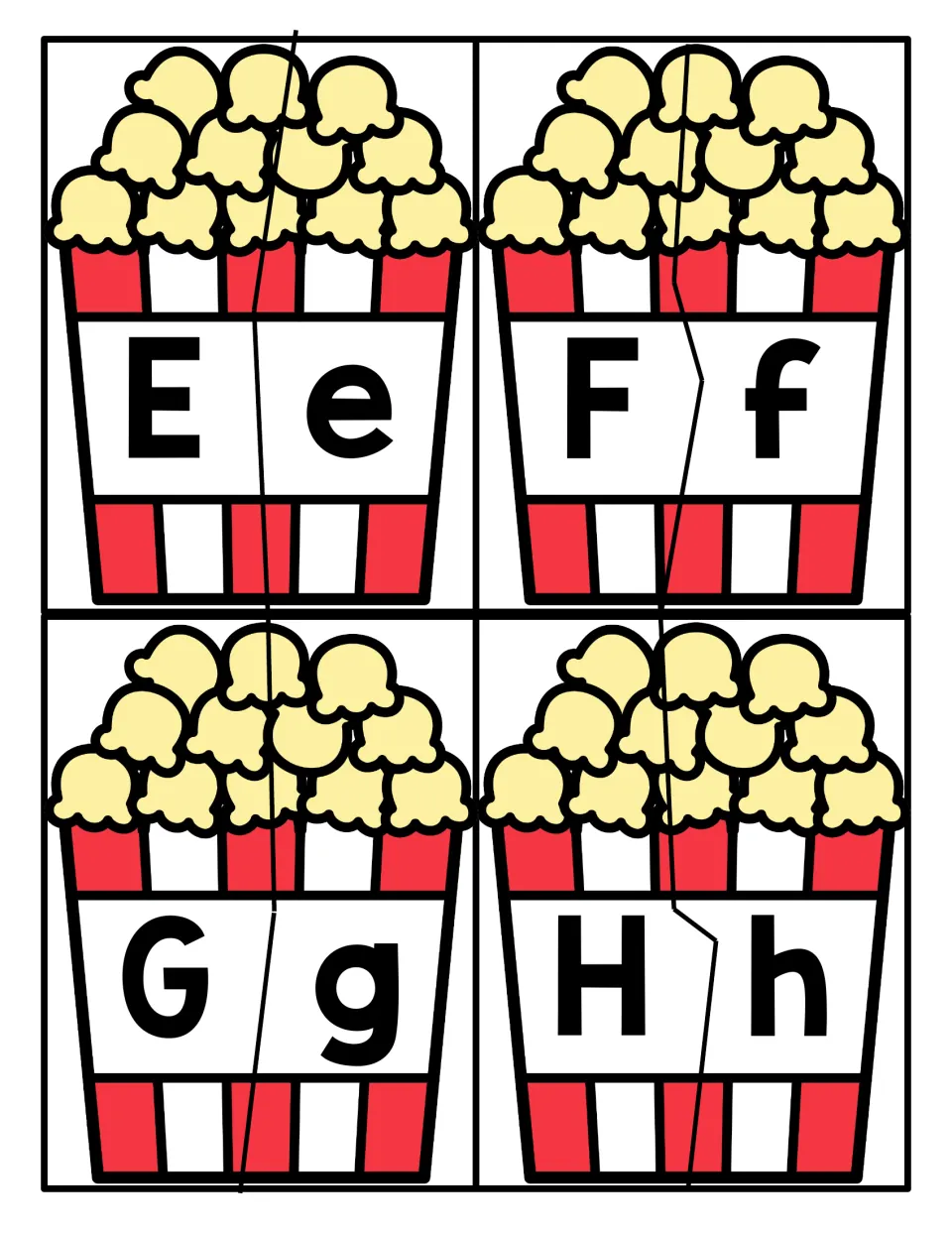 Letters E to H: two-piece popcorn bucket puzzles where students join capital E, F, G, H with lowercase e, f, g, h