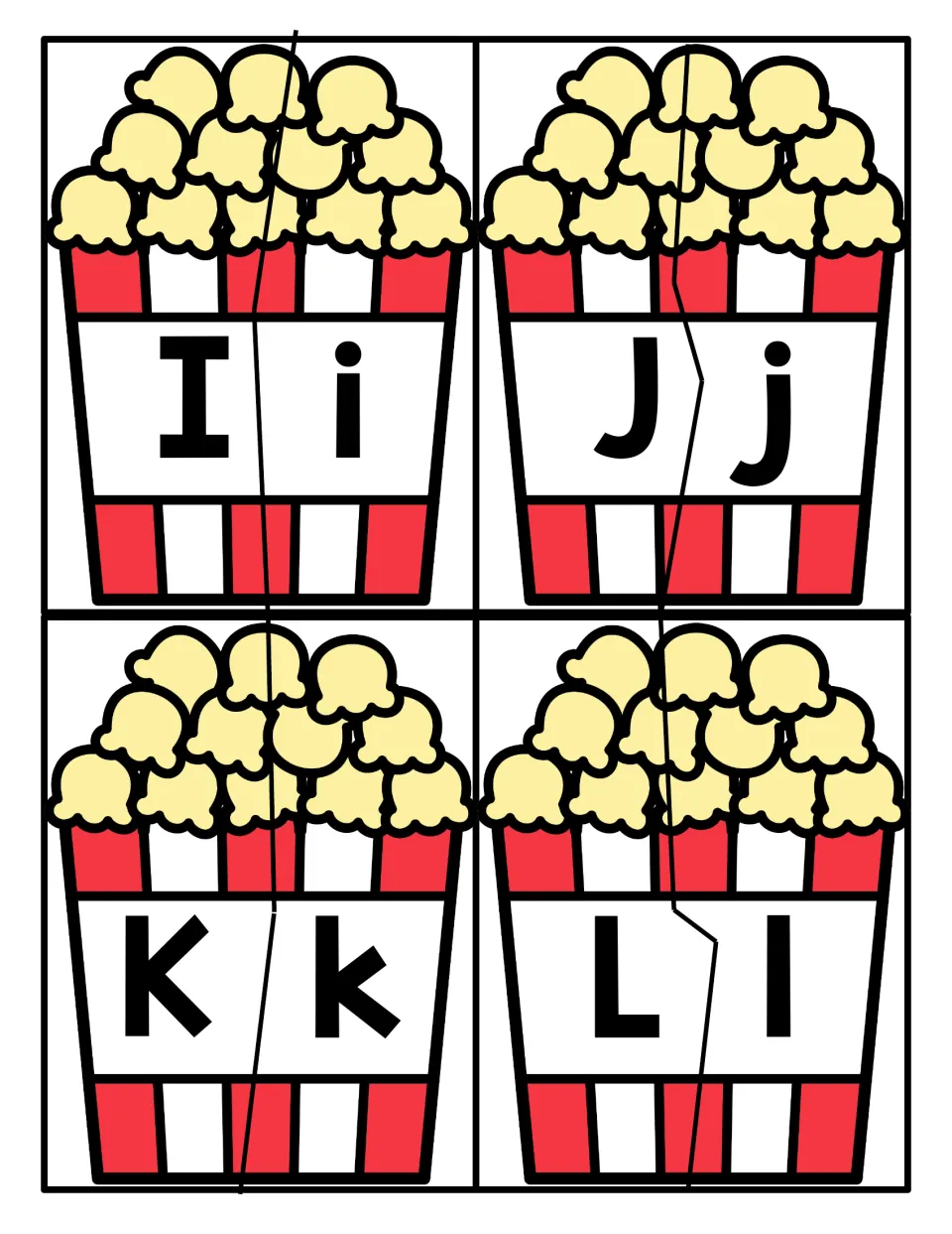 Letters I to L: popcorn bucket puzzles split in half so students pair uppercase I, J, K, L with lowercase i, j, k, l