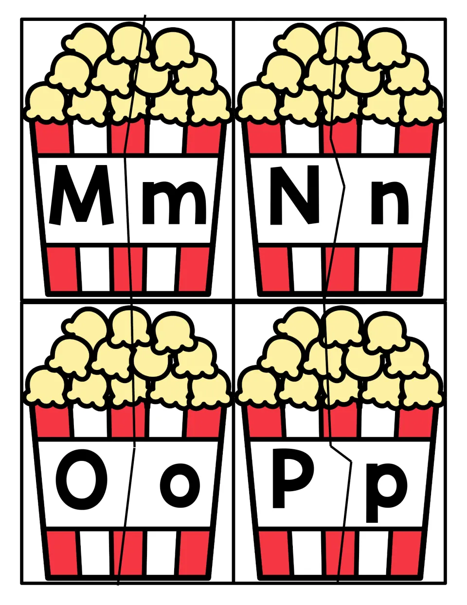 Letters M to P: students join popcorn bucket puzzle halves to match capital M, N, O, P with lowercase m, n, o, p