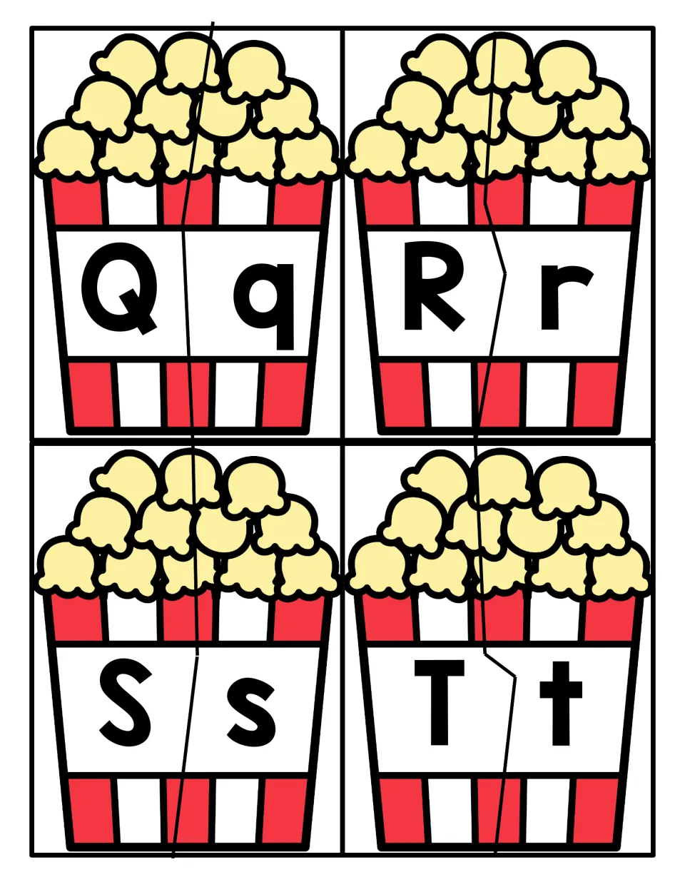 Letters Q to T: students match uppercase Q, R, S, T to lowercase q, r, s, t by joining two-part popcorn bucket puzzles
