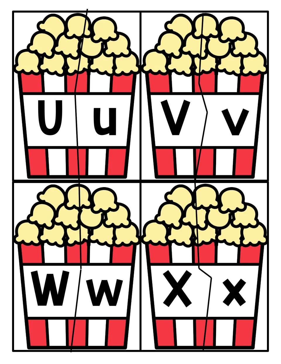 Letters U to X: popcorn bucket puzzles cut into halves so students connect capital U, V, W, X with lowercase u, v, w, x