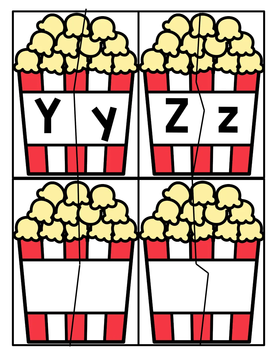 Letters Y and Z: popcorn bucket puzzles matching uppercase Y, Z to lowercase y, z, plus two blank two-piece buckets