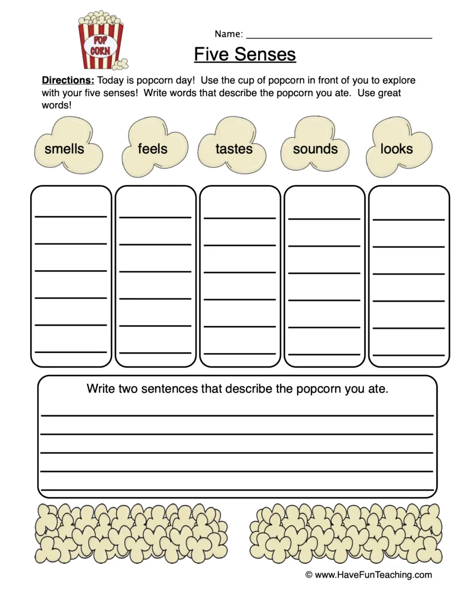 Popcorn senses worksheet: record how it smells, feels, tastes, sounds, and looks, then write two sentences.