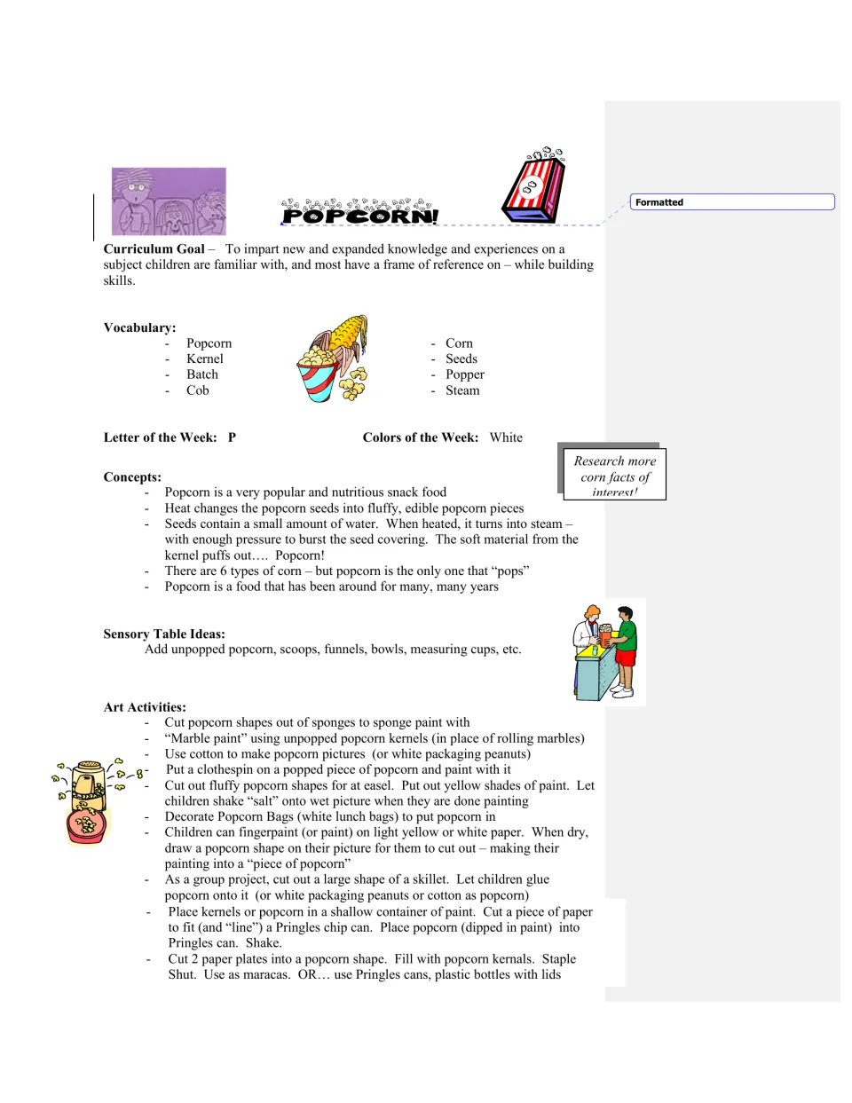 Curriculum introduction lists popcorn vocabulary, letter P, color white, sensory table ideas, and art activities