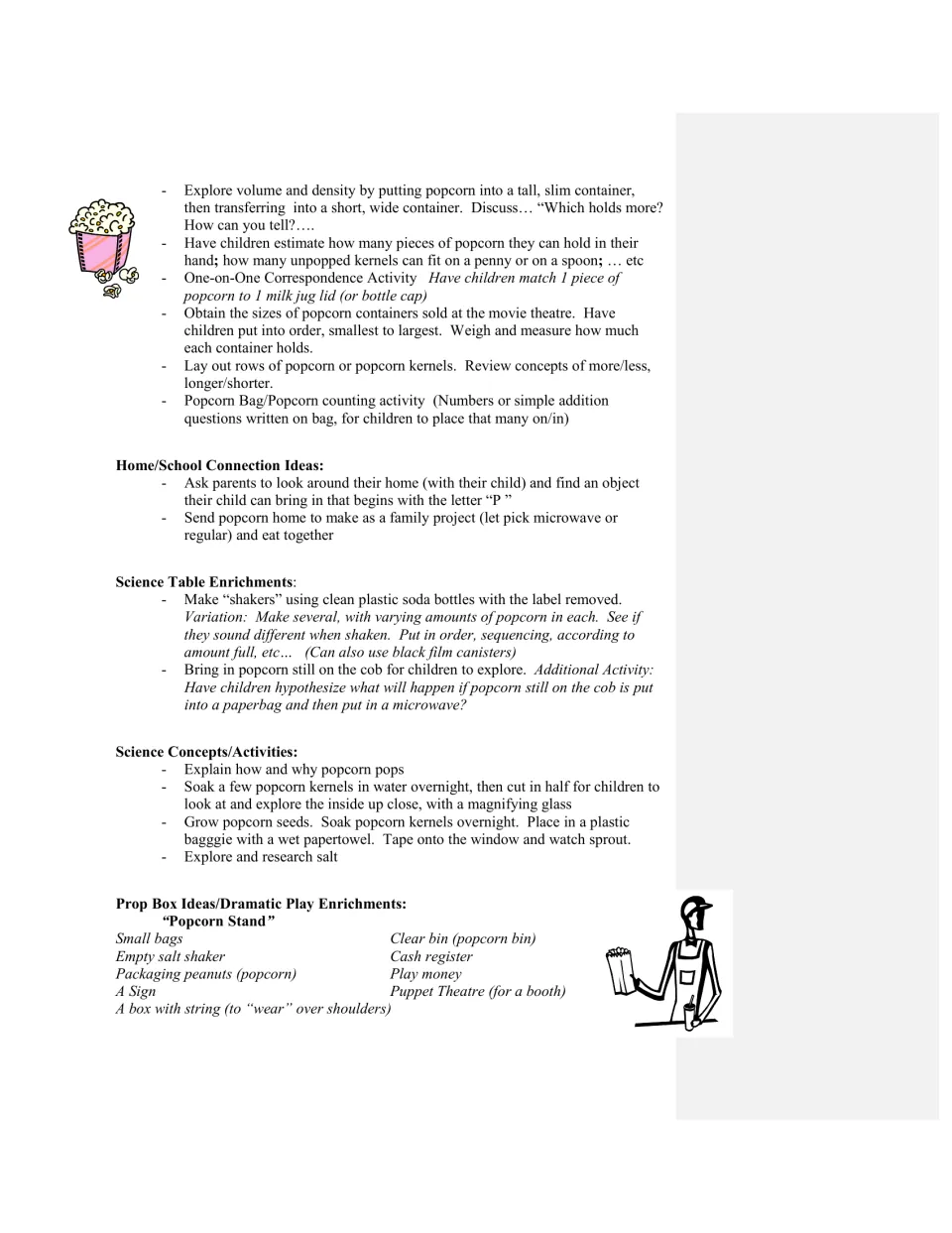 Popcorn curriculum ideas cover measurement, home connections, seed sprouting, and a pretend popcorn stand