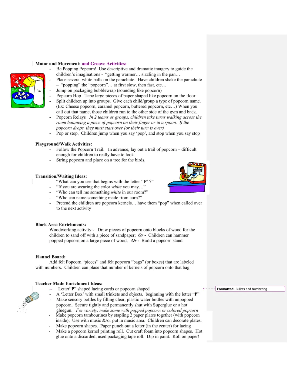 Popcorn curriculum suggestions include movement games, transitions, block play, felt counting, and lacing cards