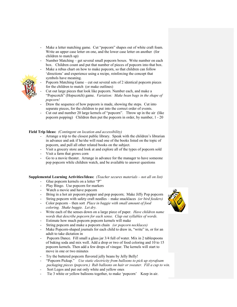 Popcorn guide continues teacher-made matching and sequencing ideas, then lists field trips and extra activities
