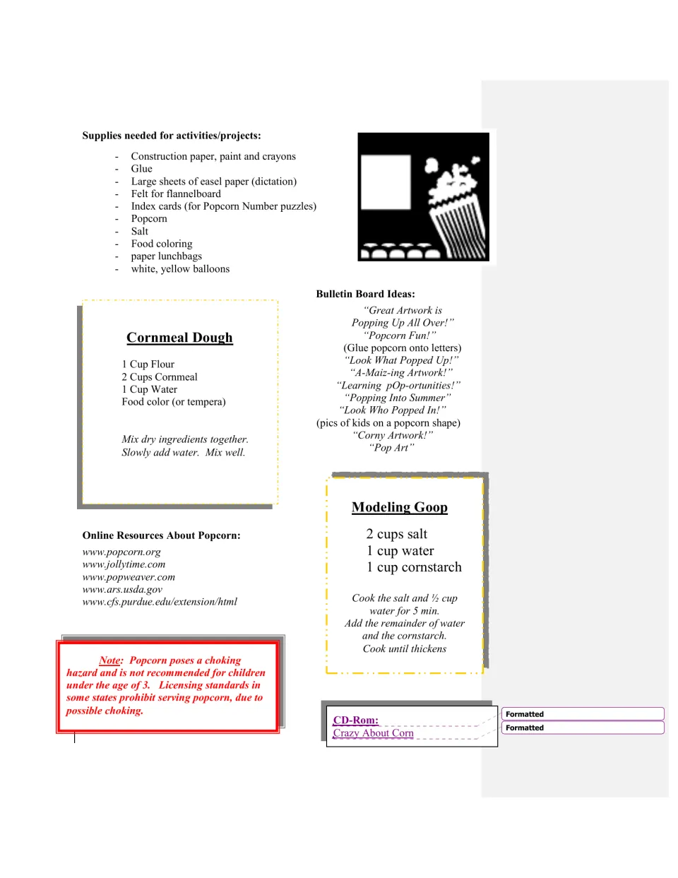 Popcorn planning page lists supplies, cornmeal dough and modeling goop recipes, bulletin board ideas, and safety notes