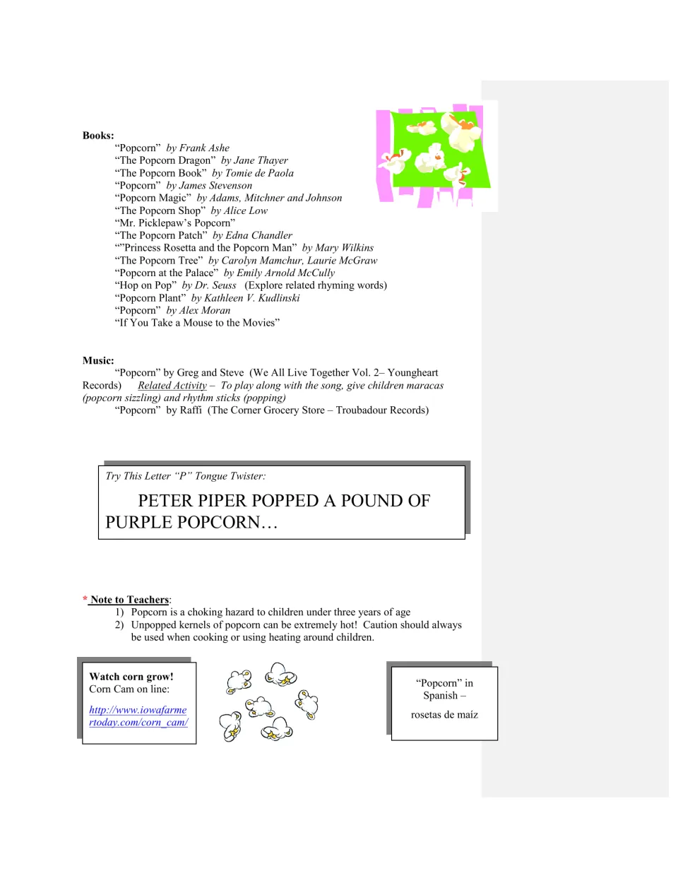 Popcorn reference page lists books and music, a Peter Piper tongue twister, and choking and hot-kernel cautions