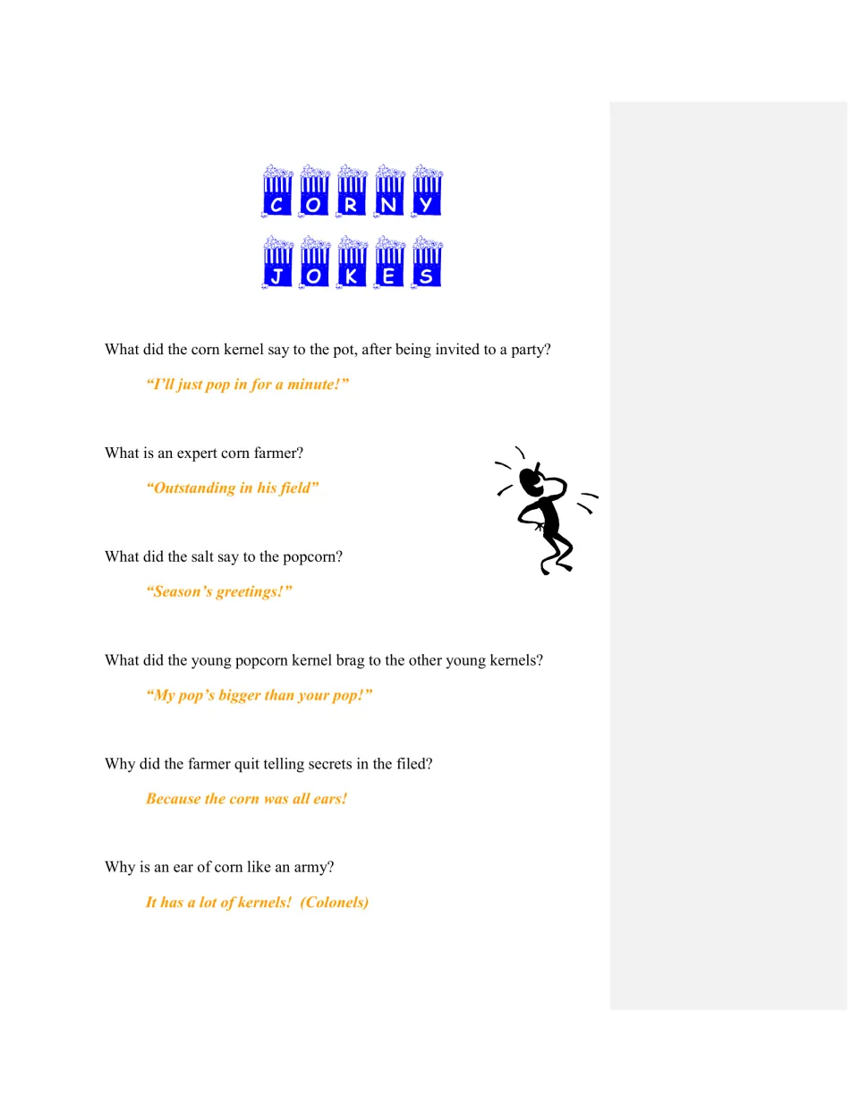 Closing Corny Jokes page gives six corn and popcorn riddles with punchlines about popping, salt, ears, and kernels