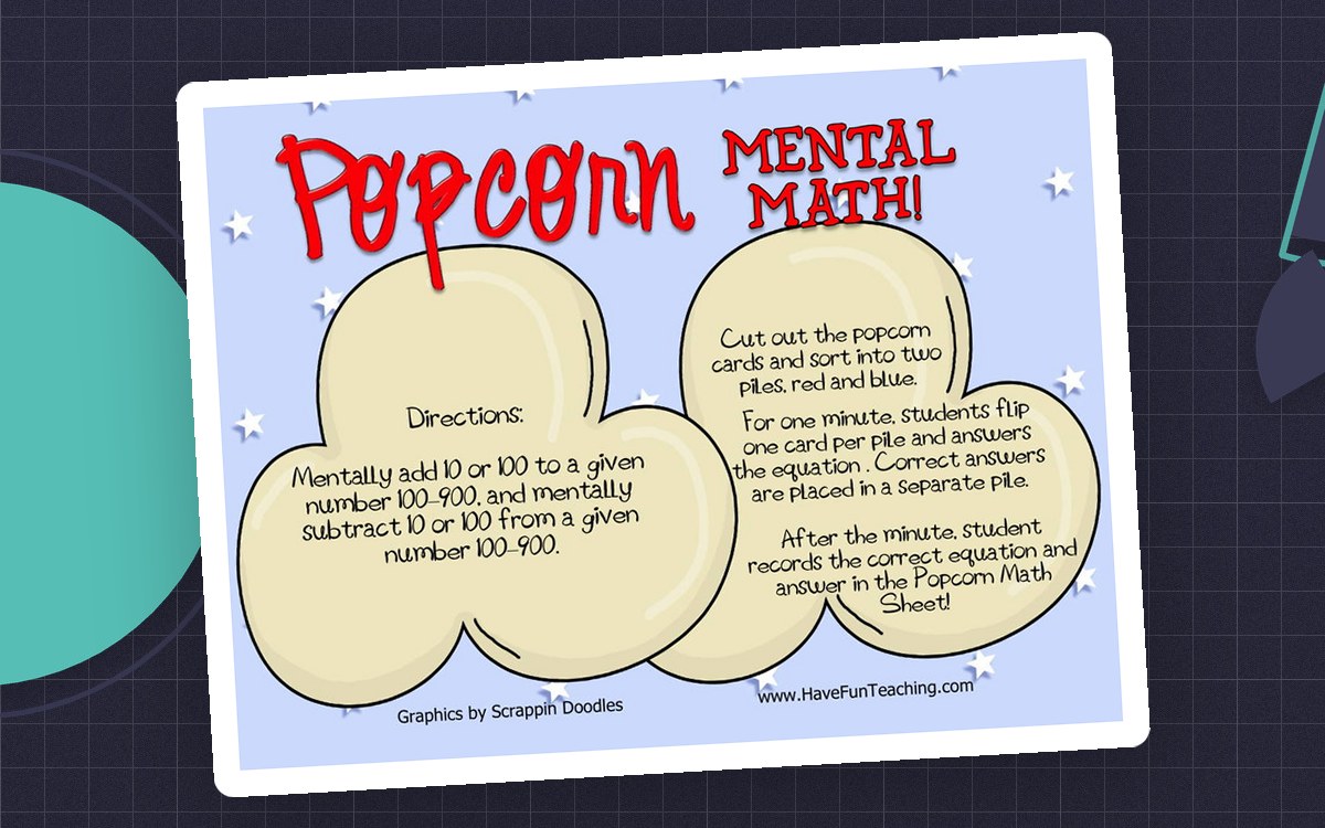 Popcorn Mental Math Activity preview: A set of 'number and sign' popcorn cards (e.g