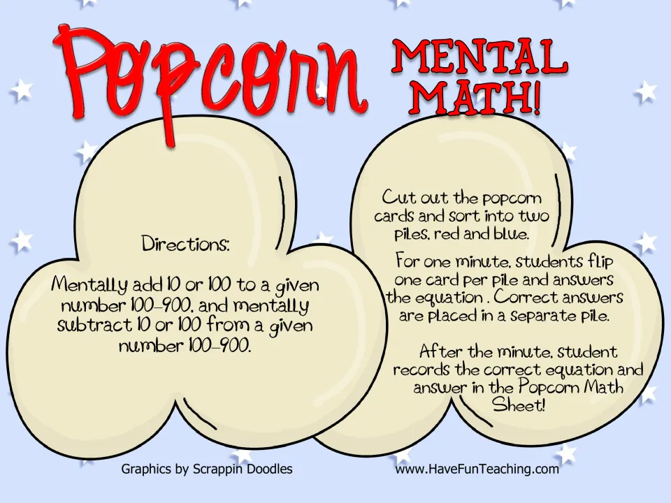 Directions for a one-minute card game: mentally add or subtract 10 or 100 from numbers 100–900, then record correct answers