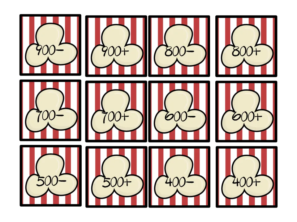 Red popcorn cards 900– to 400+: hundreds numbers with plus or minus signs, cut out as the starting numbers for mental math