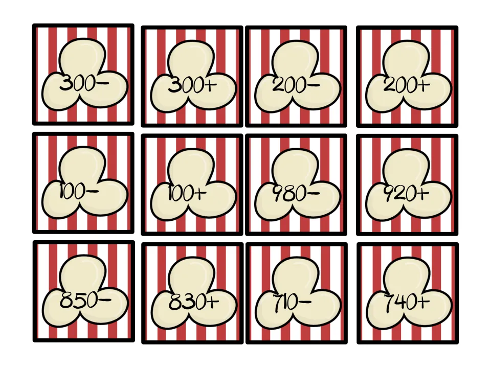 Red popcorn cards 300– to 740+: starting numbers such as 100+, 980– and 850– with an add or subtract sign to cut out