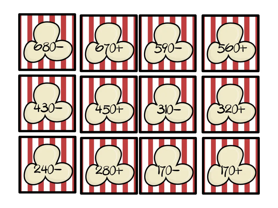 Red popcorn cards 680– to 170+: starting numbers like 430–, 560+ and 240– with a plus or minus sign, ready to cut out