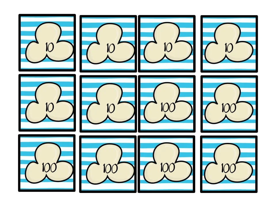 Blue set 2, a duplicate sheet of 10 and 100 amounts to cut out so the add-or-subtract pile is big enough for play