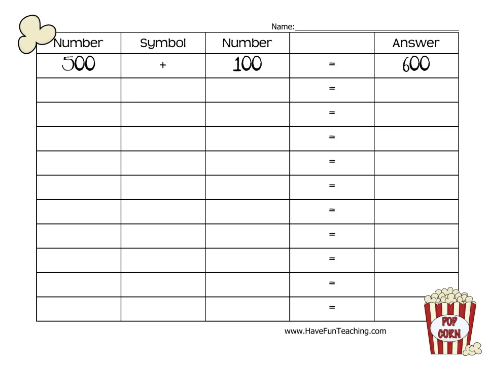 Popcorn math recording sheet: students write each correct equation as number, symbol, number and answer, e.g. 500 + 100 = 600