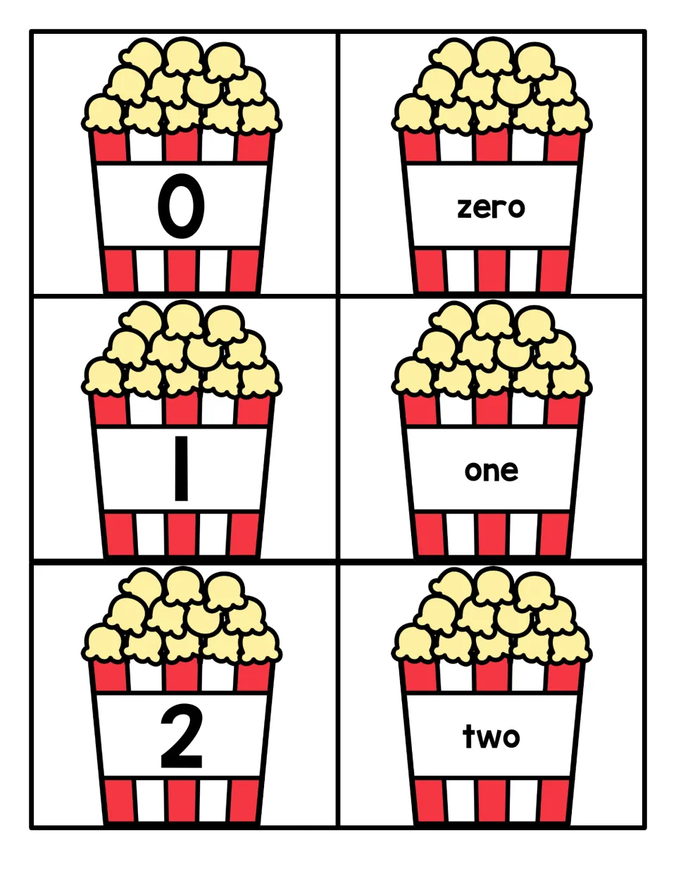Numbers 0 to 2: popcorn bucket cards pair each numeral 0, 1 and 2 with its number word for matching numerals to words