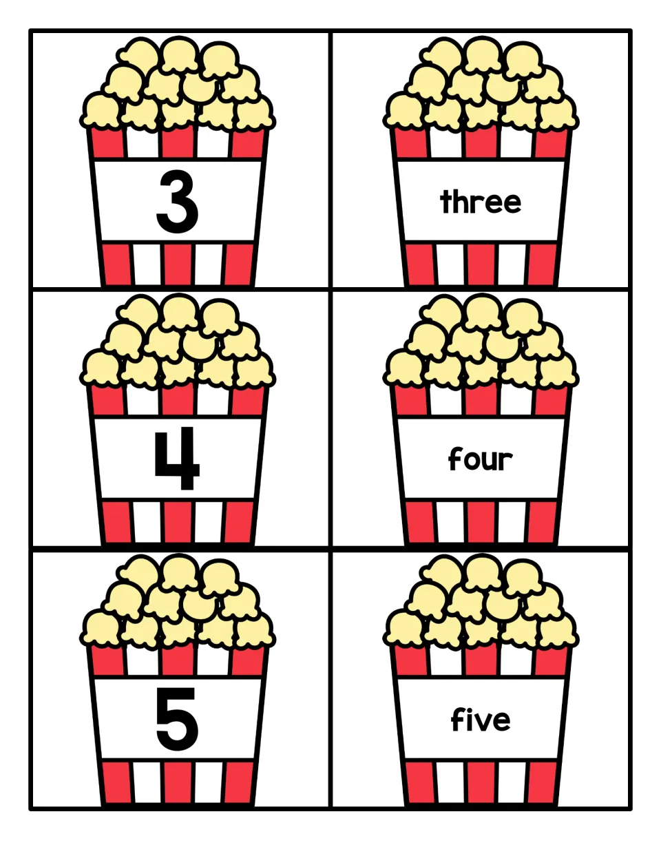Numbers 3 to 5: popcorn tub cards show numerals 3, 4 and 5 beside the words three, four and five for number word matching