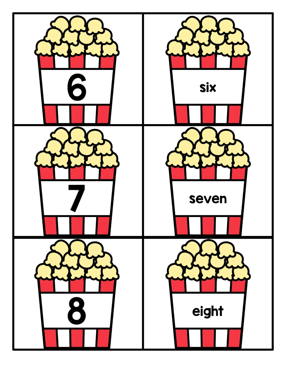 Numbers 6 to 8: popcorn cards with numerals 6, 7 and 8 and matching cards spelling six, seven and eight to pair up