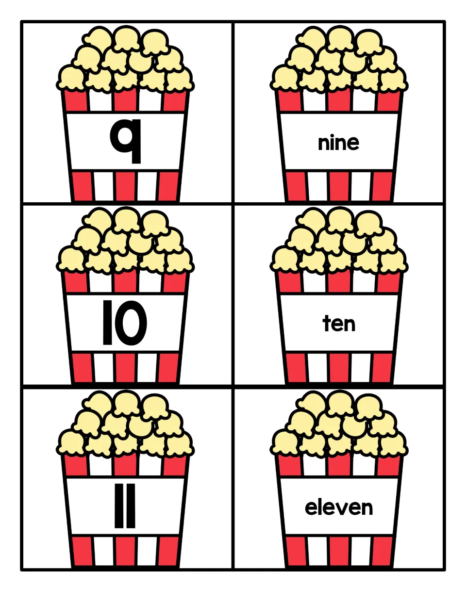 Numbers 9 to 11: popcorn cards show numerals 9, 10 and 11 alongside nine, ten and eleven for matching digits to words