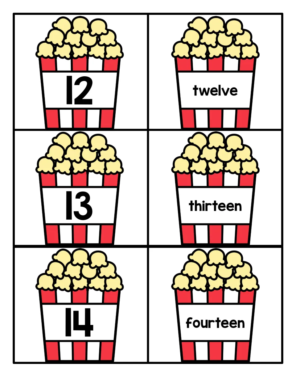Numbers 12 to 14: popcorn cards pair numerals 12, 13 and 14 with the words twelve, thirteen and fourteen for matching