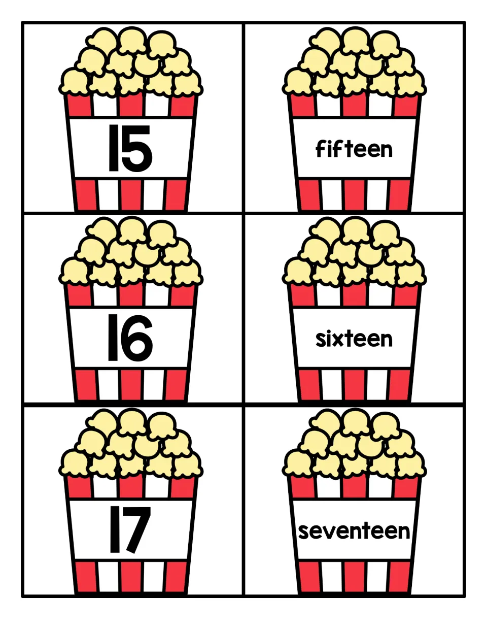 Numbers 15 to 17: popcorn cards with numerals 15, 16 and 17 and word cards reading fifteen, sixteen and seventeen