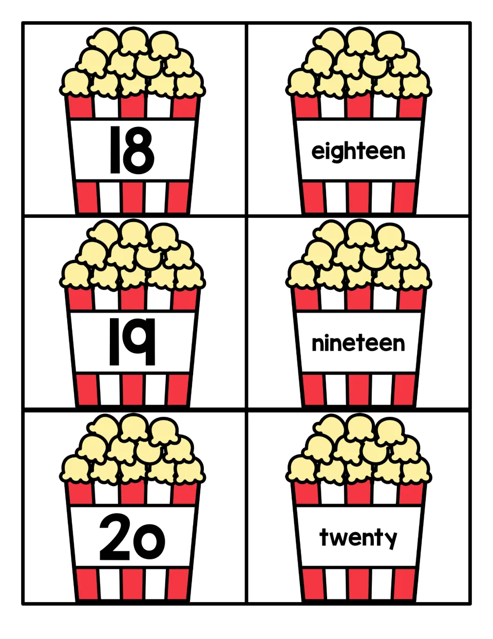 Numbers 18 to 20: popcorn cards show numerals 18, 19 and 20 with eighteen, nineteen and twenty to match each number