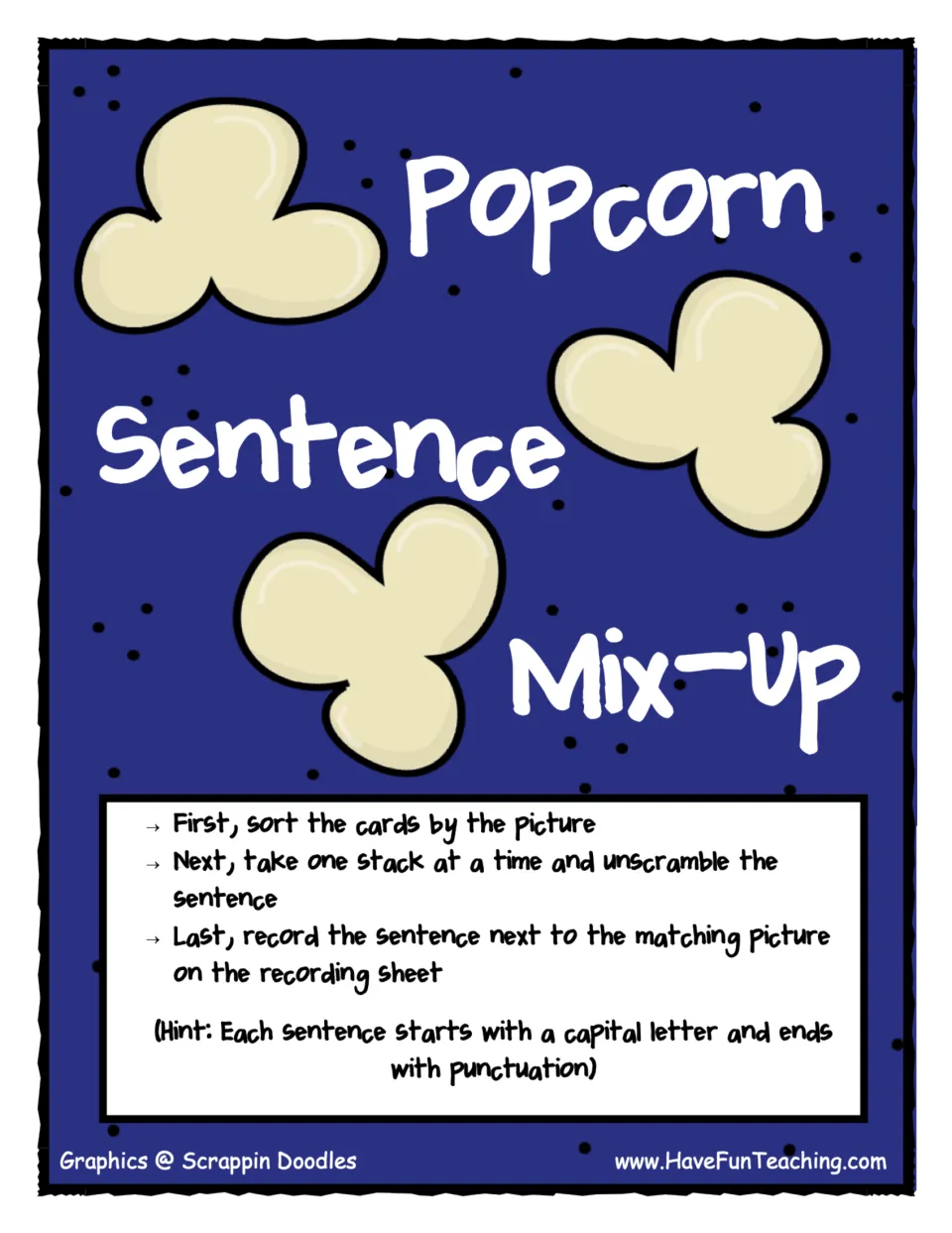 Popcorn Sentence Mix-Up cover: directions to sort picture cards, unscramble sentences, and record them