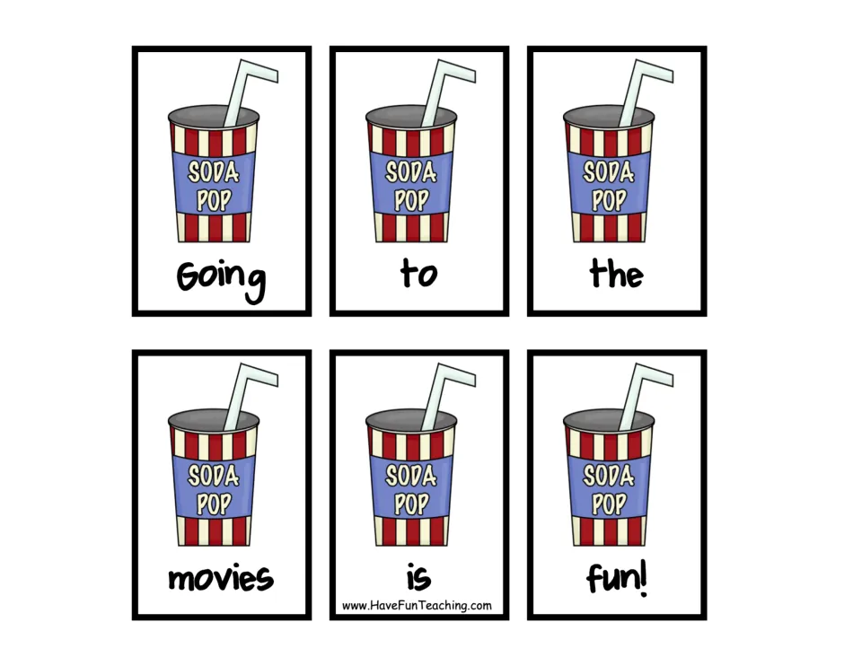 Six soda cup word cards form the sentence 'Going to the movies is fun!' in the sentence-building activity