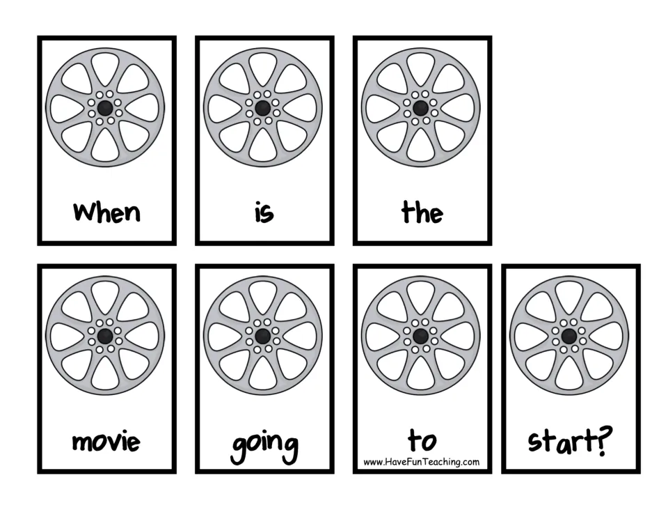 Seven film reel word cards form the question 'When is the movie going to start?' for sentence practice