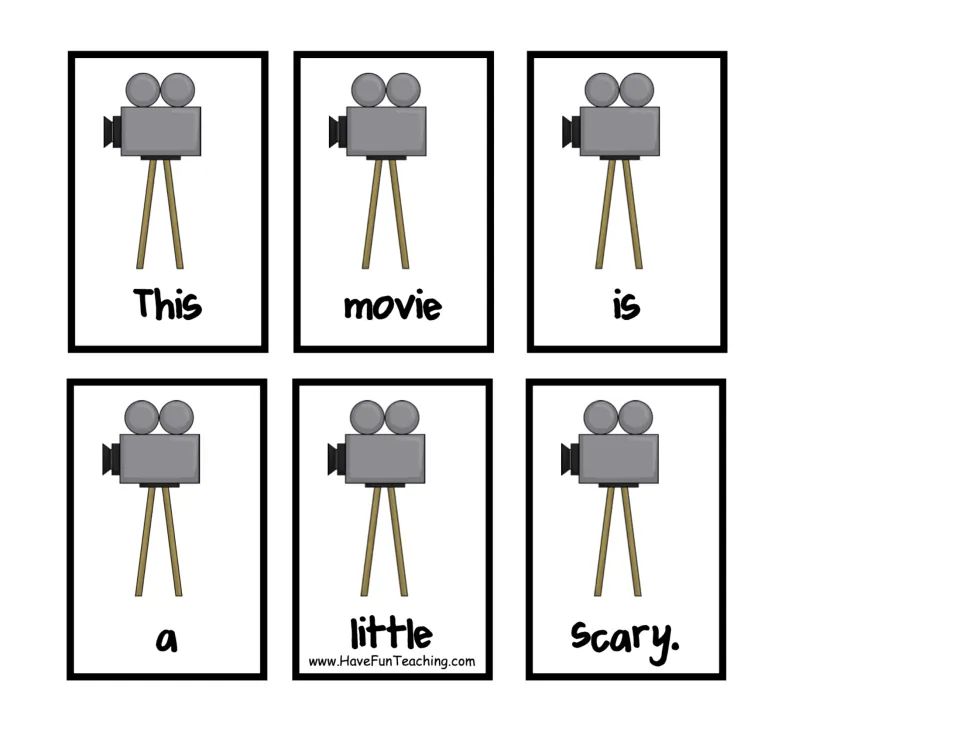 Six movie camera word cards form the sentence 'This movie is a little scary.' for sentence practice