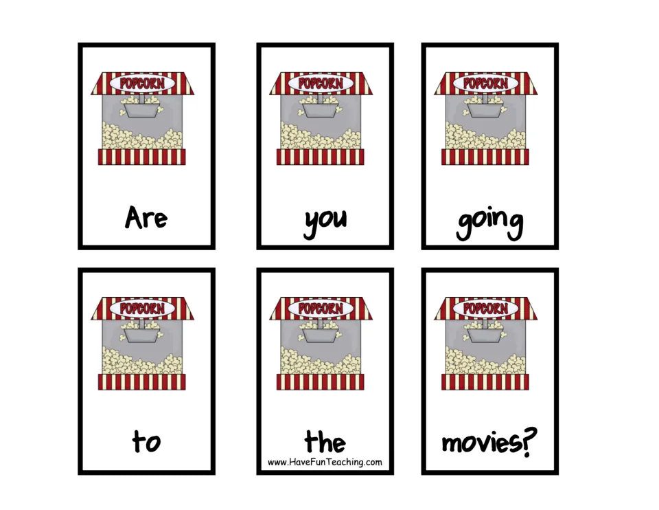 Six popcorn machine word cards form the question 'Are you going to the movies?' for sentence practice
