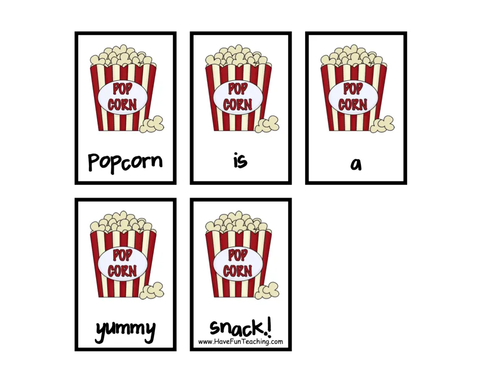 Five popcorn tub word cards form the sentence 'Popcorn is a yummy snack!' for sentence-building practice