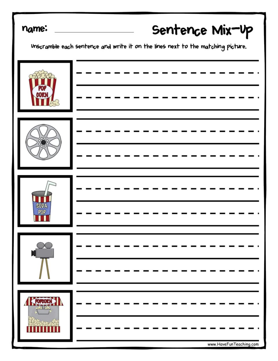 Recording sheet for five sentences, matched to a popcorn tub, film reel, soda cup, camera, and popcorn machine