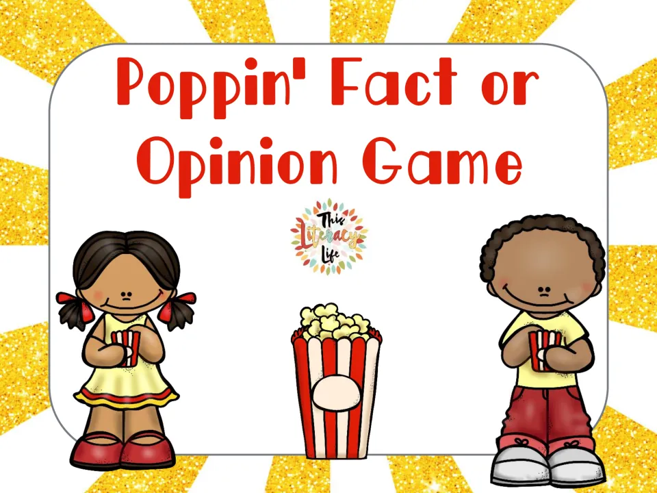 Cover of Poppin' Fact or Opinion Game showing two children holding popcorn beside a striped popcorn box