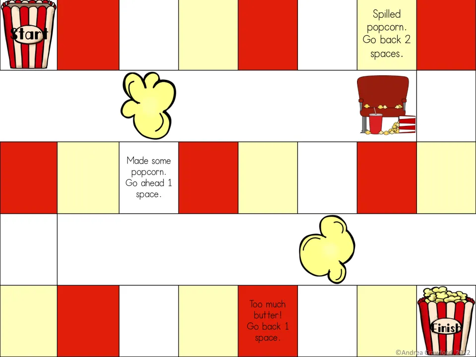 Popcorn game board from Start to Finish with spaces such as Spilled popcorn, go back 2 and Too much butter, go back 1