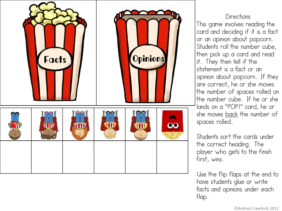 Directions and sorting mat: players roll, read a popcorn card, say fact or opinion and sort it under Facts or Opinions