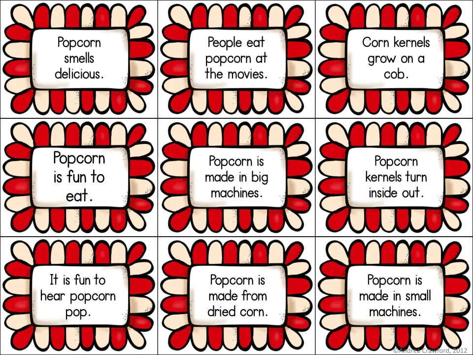 Fact or opinion cards: nine popcorn statements such as Popcorn smells delicious and Corn kernels grow on a cob