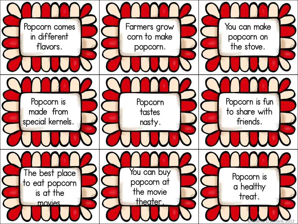 Fact or opinion cards: popcorn statements such as Farmers grow corn to make popcorn and Popcorn tastes nasty