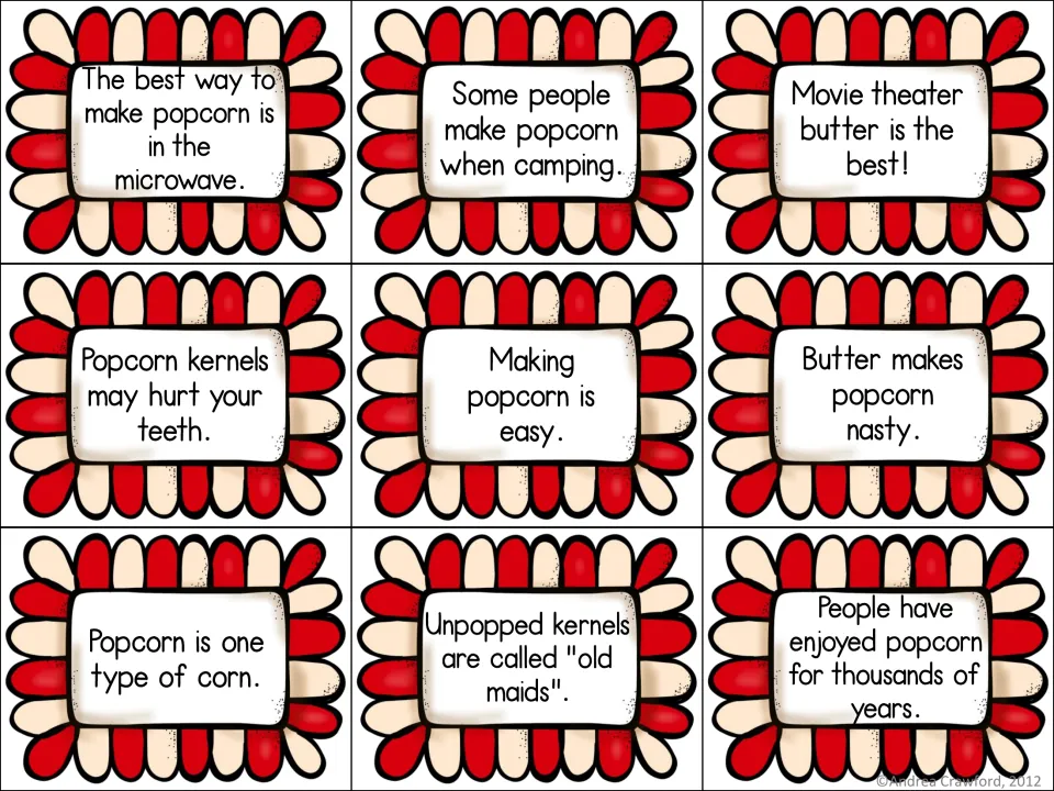 Fact or opinion cards on popcorn, including Unpopped kernels are called old maids and Movie theater butter is the best!