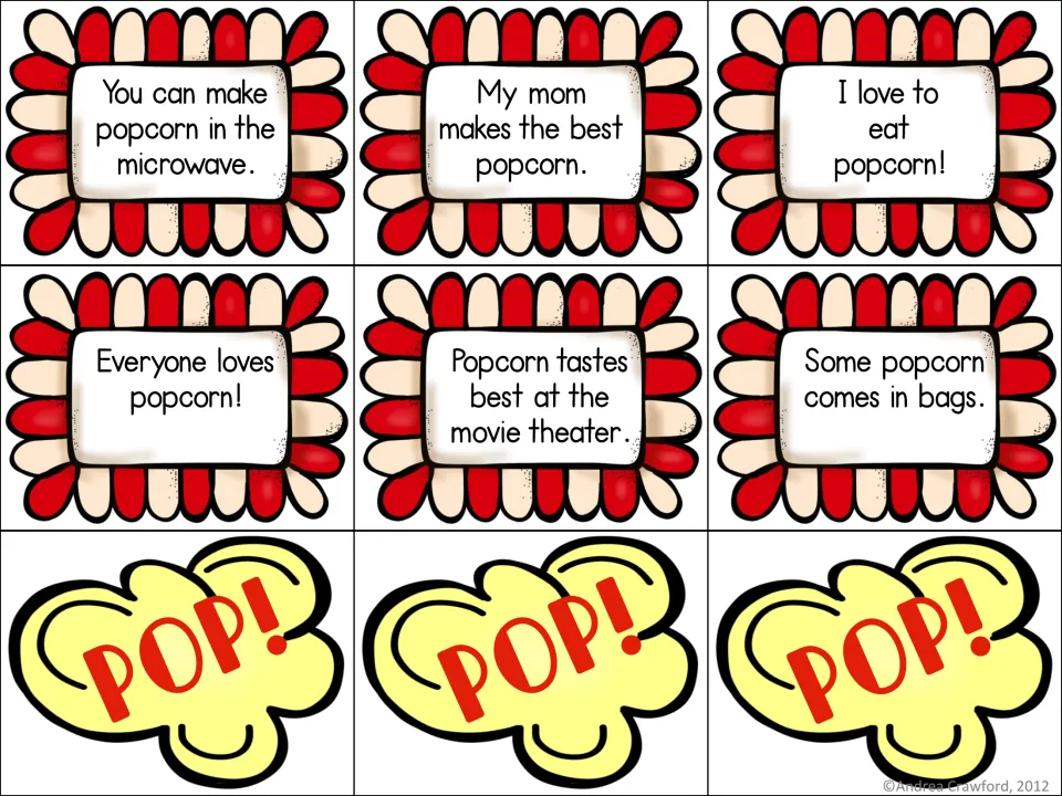Last six fact or opinion cards, such as I love to eat popcorn! and Some popcorn comes in bags, plus three POP! cards