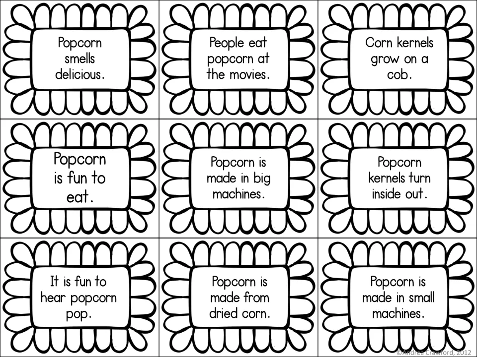 Black-and-white popcorn statement cards to sort, from Popcorn smells delicious to Popcorn is made in small machines