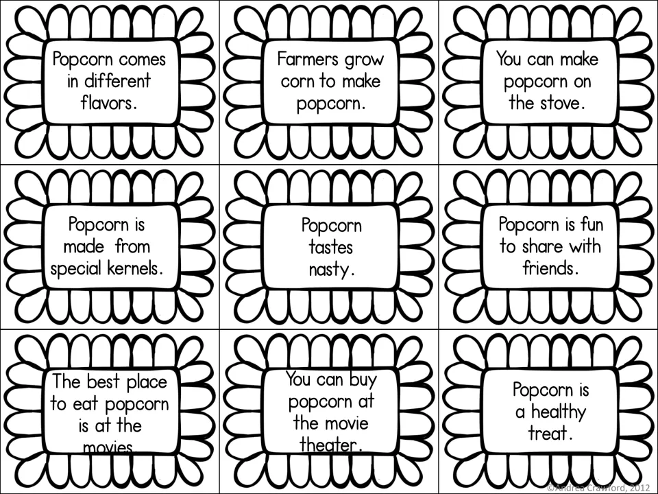 Black-and-white popcorn statement cards to sort, from Popcorn comes in different flavors to Popcorn is a healthy treat