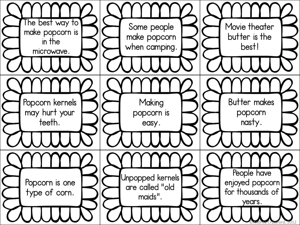 Black-and-white popcorn statement cards to sort, from making popcorn in the microwave to People have enjoyed popcorn